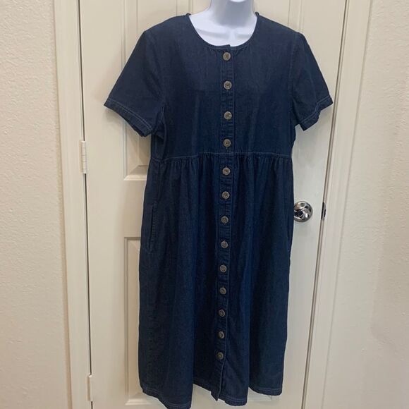 Blair Petite Large Denim 💯% Cotton Scoop Neck Short Sleeve  Button Front Dress - Picture 1 of 9